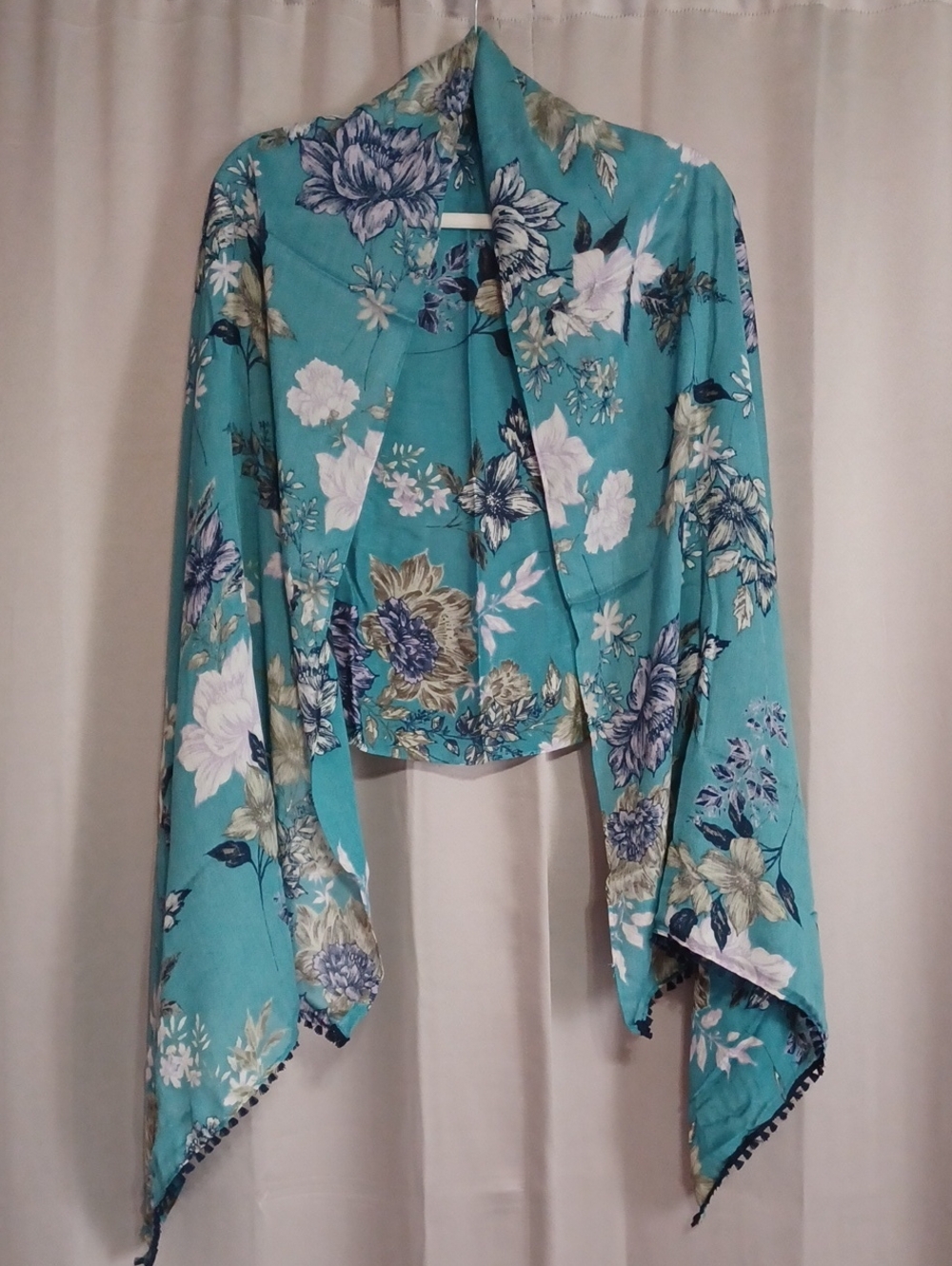 Boho Teal Floral Tassel Trim Oversized Scarf Shawl Wrap 70×27 Cottagecore